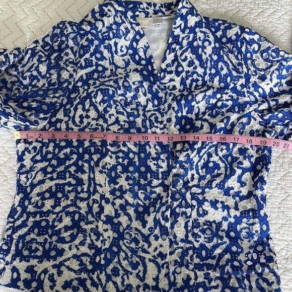 Chico's Women’s Cotton Eyelet Open Front Jacket Cardigan White/Blue Size L - Picture 6 of 13